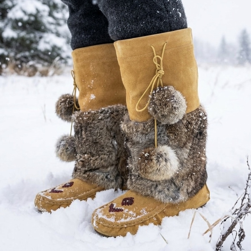 Vintage Naughty Monkey Eskimo Tall Suede Beaded Rabbit Fur Winter Boots Pom Poms